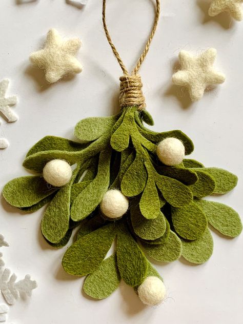 Individual Handmade Hanging Felt Christmas Mistletoe Christmas Ornament Hanging Christmas Decoration Felt Christmas Tree Decoration - Etsy UK Sewing Christmas Decorations, Christmas Tree Decorations To Make, Felted Gifts, Felt Mistletoe, Mistletoe Ornament, Xmas House, Felt Ornaments Diy, Felt Christmas Tree Decorations, Diy Felt Christmas Ornaments