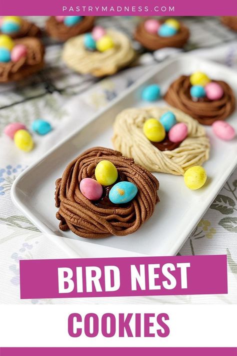 These Easter Cookies are made with chocolate and vanilla dough that is shaped like a bird’s nest and decorated with melted chocolate and marshmallow candy eggs. Bird Nest Cookies, Birds Nest Cookies, Easter Baking Recipes, Easter Carrot Cake, Marshmallow Candy, Easter Party Food, Candy Egg, Easter Carrots, Cookies Pastry