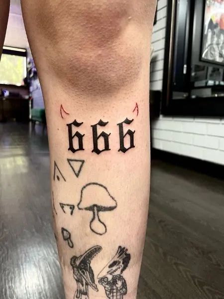 666 Tattoo On Leg 666 Tattoo Ideas, 666 Angel Number Tattoo, 666 Tattoo, Acab Tattoo, 666 Angel Number, Thigh Tattoo Men, Angel Number Tattoo, Evil Tattoo, Petit Tattoo