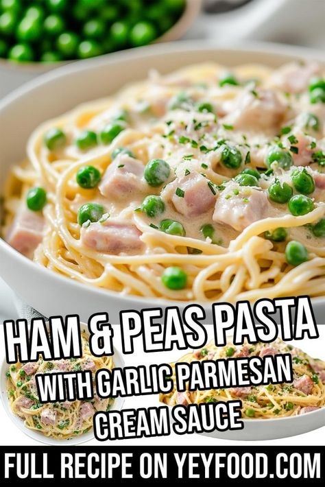 Ham and Peas Pasta - Yeyfood.com: Recipes, cooking tips, and kitchen hacks for home cooks of all levels Ham And Peas Pasta, Pasta With Ham And Peas, Ham Pasta Recipes, Ham Peas And Pasta, Pasta With Ham, Ham And Peas, Peas Pasta, Ham Gravy, Creamy Garlic Parmesan Sauce