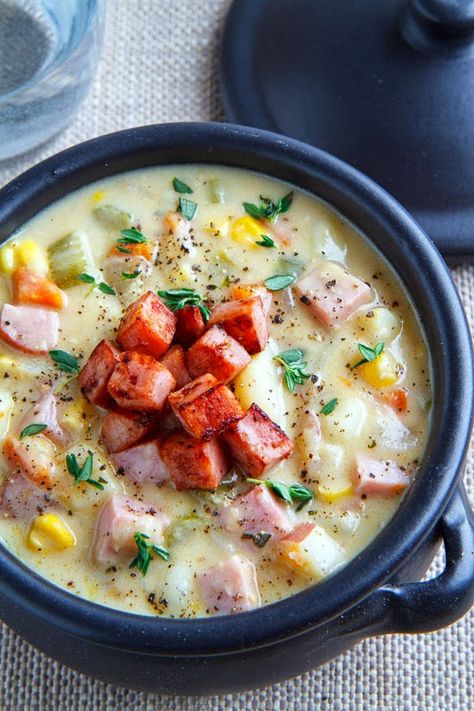 Ham and Potato Corn Chowder Ham And Potato Corn Chowder, Ham Chowder, Soup With Ham, Potato Corn Chowder, Ham And Potato Soup, Ham Potato, Potato Chowder, Corn Chowder Recipe, Chowder Soup