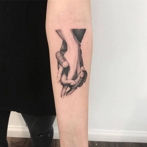 Holding hands on the left inner forearm. Tattoo Of Hands Holding, Tattoo Of Hands, Hands Holding Something, Two Hands Tattoo, Hand Holding Tattoo, Micro Realism Tattoo, Hand Holding Something, Anatomy Tattoo, Micro Realism