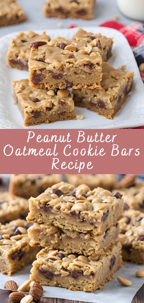 If you’re searching for the perfect sweet treat that’s equal parts chewy, hearty, and indulgent, these Peanut Butter Oatmeal Cookie Bars are the answer. Combining the nutty richness of peanut butter, the comforting texture of oats, and a touch of sweetness, these bars strike the ideal balance between dessert and snack. Peanut Butter Oatmeal Blondies, Peanut Butter Bars With Oats, No Bake Peanut Butter Honey Oatmeal Bars, Desserts Using Oatmeal, Peanut Butter Cookies Bars, Peanut Butter Oat Bar, Oatmeal Peanutbutter Bars, Peanut Butter Honey Oatmeal Bars, No Bake Peanut Butter Oatmeal Bars