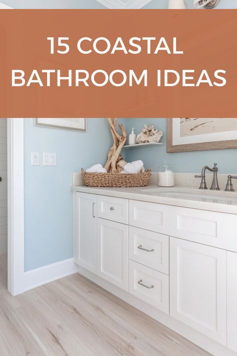 Make a stunning coastal bathroom with these tips and decor ideas. Lake House Bathroom Mirrors, Coastal Double Vanity, Light Blue And Gray Bathroom, Coastal Vibe Bathroom, Bathroom With White Vanity Ideas, Coastal Shiplap Bathroom, Carribean Bathroom, Coastal Master Bathrooms 2024 Trends, Modern Coastal Bathrooms