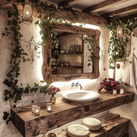 Cottagecore House Decor Diy, Fairy Core Bathroom Ideas, Cool Restroom Design, Forest House Bathroom, Cottagecore House Bathroom, Small Bathroom Ideas Cottagecore, Cottage Core Aesthetic Apartment, Eclectic Cozy Decor, Hobbit Bathroom Ideas