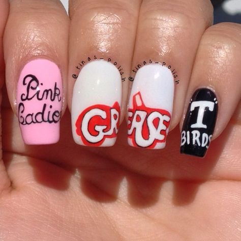 "I'm a day behind! Had a bad migraine yesterday. So for my day 23: inspired by a movie I did #grease this will always be one of my favorite movies! Design done with acrylic paints and my brushes I purchased from @stylishnailartshop I was singing all the songs from this movie while doing this mani" Photo taken by @tinas_polish on Instagram, pinned via the InstaPin iOS App! http://www.instapinapp.com (09/24/2014) Pink Ladies Nails, Pink Ladies Nails Grease, Grease Nails Pink Ladies, Pink Lady Grease Nails, Grease Inspired Nails, Nails Inspired By Movies, Movie Theme Nails, 50s Nails Design, Grease Nails