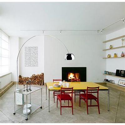 Flos Arco Floor Lamp, Cosy Dining Room, Flos Lighting, Arco Floor Lamp, Contemporary Lighting Design, Achille Castiglioni, Memphis Milano, Dining Room Cozy, Metal Lamp Shade