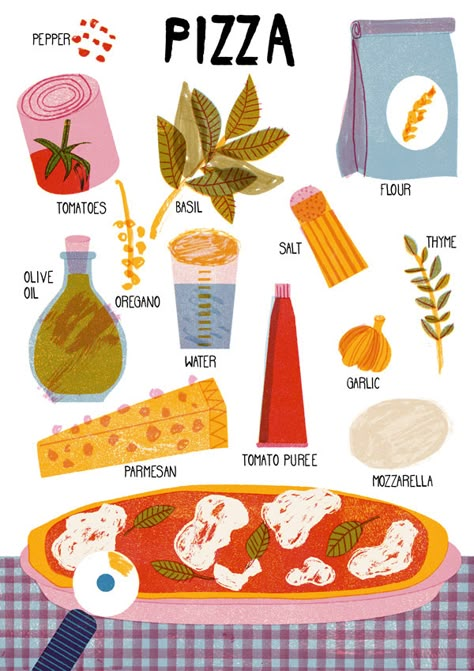 Recipes Illustration, Cook Illustration, Recipe Illustration, Italy Illustration, Recipe Book Design, Food Illustration Design, Homemade Cookbook, Recipe Drawing, Pizza Art