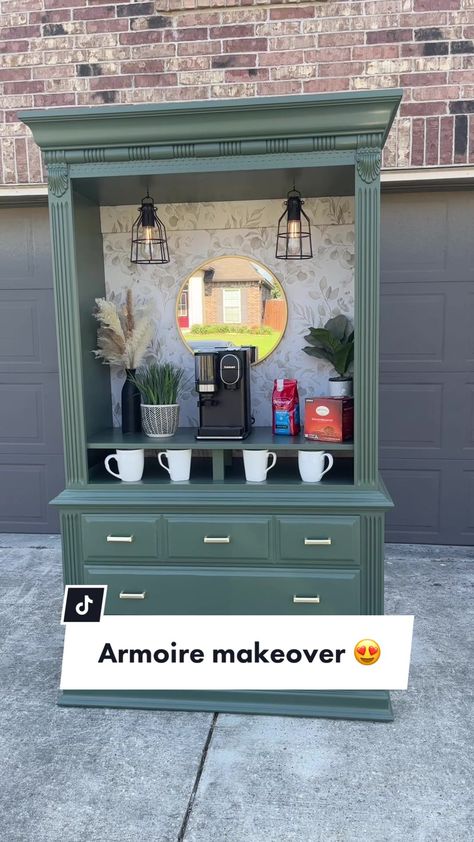 Coffee Bar Makeover, Armoire Coffee Bar, Bar Makeover, Armoire Repurpose, Armoire Diy, Clothing Armoire, Armoire Bar, Armoire Makeover, Diy Coffee Bar