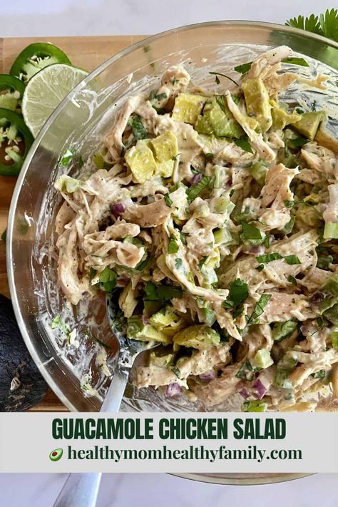 This Guacamole Chicken Salad comes together in just a few minutes for an easy meal with the fresh, bold flavors of lime, jalapeno and avocado. #chickenrecipes #chickensalad #quickandeasymeals #30minutemeals #quickandeasyfood #keto #lowcarb #grainfree #ketorecipes #lowcarbrecipes #grainfreerecipes #glutenfree #glutenfreerecipes Guacamole Chicken Salad, Guacamole Chicken, Guacamole Salad, Make Shredded Chicken, Healthy Chicken Salad, Salad Healthy, Avocado Chicken Salad, Easy Lunch Recipes, Guacamole Recipe