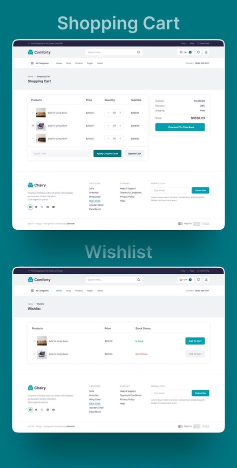 Furniture eCommerce Website Shopping cart and Wishlist Page User Interface (UI) Design Ecommerce Ui Design, Interior Design Template, Ecommerce Web Design, Ecommerce Shop, Ui Design Website, Ecommerce Design, Web Ui Design, Modern Website, Company Logo Design