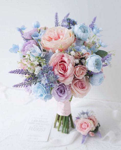 Pink Purple Wedding, Blue Purple Wedding, Purple Flower Bouquet, Blue Flowers Bouquet, Pink Flower Bouquet, Pastel Wedding Flowers, Blue Wedding Bouquet, Pink Wedding Theme, Wedding Bouquets Pink