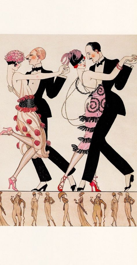 20's flappers dancing 'THE TANGO' (1920's) (Detail) in pen ink & watercolour on paper. GEORGES BARBIER (1882-1932) From ART DECO FASHION Masterpieces by Gordon Kerr 2012 (minkshmink) Tango Art, Ship Ideas, 20s Art, George Barbier, Art Deco Illustrations, Vintage Dance, Art Nouveau Poster, Art Deco Illustration, Deco Poster