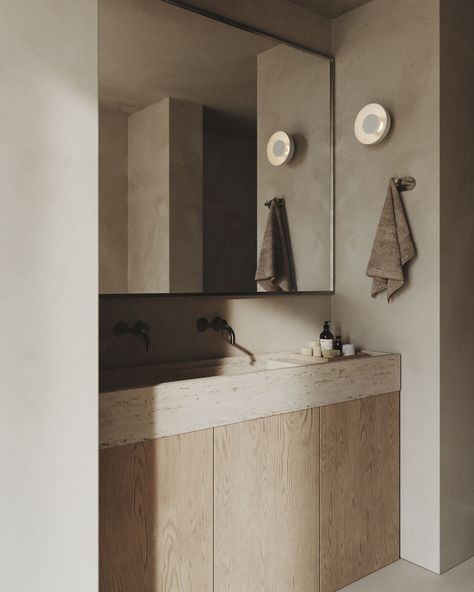 Sarrià - MA&partners Japandi Bathroom, Sleek Fireplace, Japandi Interiors, Spain Design, Washroom Design, Natural Stone Flooring, Apartment Renovation, Bathroom Sconces, Stone Sink