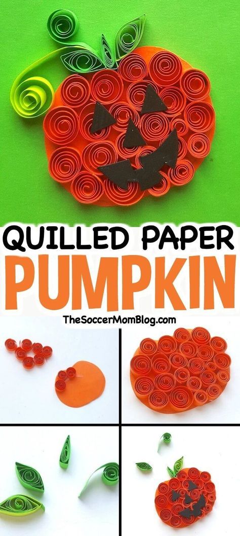 This cute quilled pumpkin is an easy Halloween paper craft and party decoration! Click for photo step-by-step instructions. #Halloween #papercrafts #paperquilling Quilled Pumpkin, Paper Pumpkin Craft, Paper Pumpkins, Halloween Paper Crafts, Fall Arts And Crafts, Autumn Paper, Fall Crafts For Kids, Halloween Crafts For Kids, Pumpkin Crafts