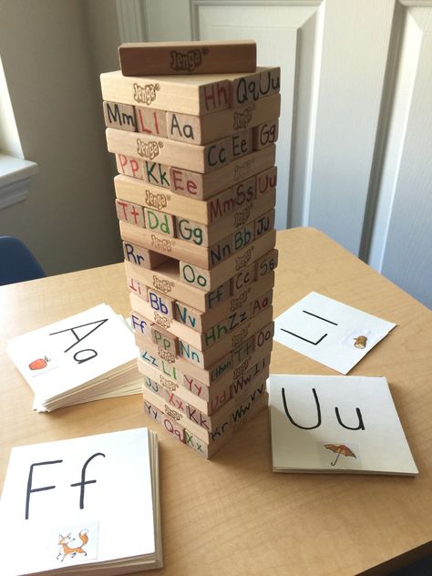 Alphabet Jenga: New twist on an old game. Why? Because preschool should be fun! #homeschool #homeschoolstrong Jenga Literacy Games, School Based Therapy, Sound Activities, Alphabet Bingo, Homemade Board Games, Kinder Centers, Letter Sound Activities, Gruffalo's Child, Alphabet Centers