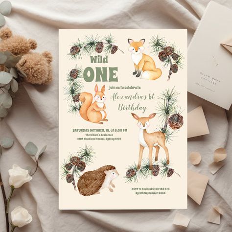 $2.93 | Woodland Animals Greenery Wild One 1st Birthday - woodland wild one 1st birthday, forest animals, watercolor greenery, botanical garden party, rustic elegant, leaves foliage, greenery eucalyptus, gender neutral, cute whimsical sweet trendy, squirrel fox reindeer Botanical Garden Party, Wild One 1st Birthday, Animals Watercolor, 1st Birthday Invitation, 1st Birthday Invitations, Wild One, Magical Forest, Wild Ones, Sweet Animals