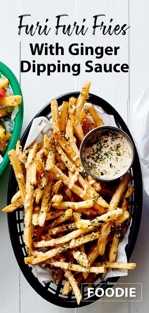 French fries get an upgrade with furi furi Japanese seasoning and a tangy dipping sauce.  Furi Furi Fries With Ginger Dipping Sauce recipe by the Sysco Culinary Team. Greek French Fry Seasoning, Greek French Fries Recipe, Different Fries Recipes, Gyro Fries Recipe, Greek Fries With Feta, Greek French Fries, Greek Fries Recipe, Seasoned Fries Recipe, Gyro Fries