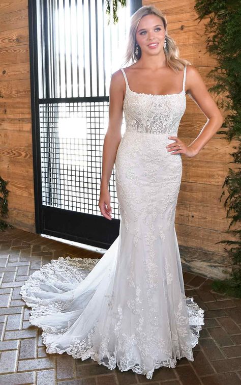 Vintage-Inspired Fit-and-Flare Wedding Dress with Square Neckline - Essense of Australia Wedding Dresses Neck Wedding Dress, Essense Of Australia, Kleinfeld Bridal, Crepe Gown, Fit And Flare Wedding Dress, Australia Wedding, Long Train, Dress Inspo, Designer Wedding