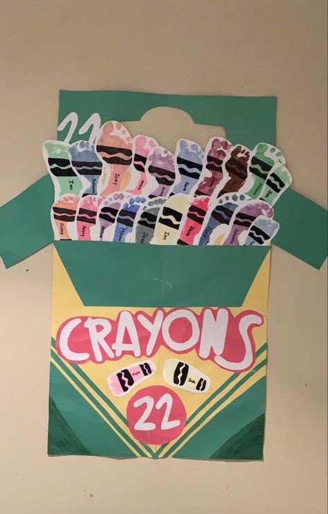 Giant crayon box with footprints as crayons Crayon Footprint Art, Infant Room Bulletin Boards, Giant Crayon, Baby Art Activities, Babysitting Crafts, Crayon Crafts, Footprint Craft, Infant Room, Toddler Class