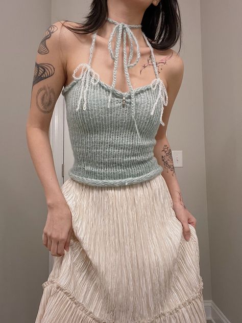 Mermaid core handmade knit top with pearl and sequin details Mermaid Core Crochet, Mermaidcore Crochet, Pearl Knit, Yarn Clothes, Crochet Sweater Vest, Retro Pants, Mermaid Core, Crochet Bralette, Garment Pattern