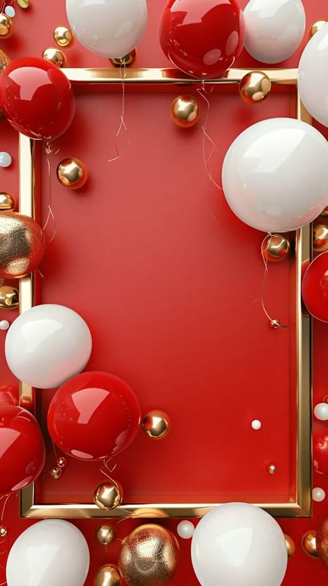 The image is a red background with a gold frame in the center. There are red and white balloons floating around the frame. The balloons are different sizes. There are also some gold balls floating around. The image is very festive and looks like it is celebrating something. Red And White Balloons, White And Gold Balloons, Balloon Background, Birthday Drinks, White Balloons, Gold Balloons, Work Party, Birthday Decor, The Balloon