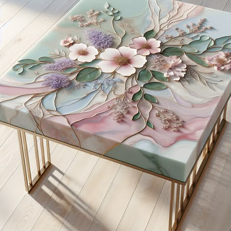 A whimsical, pastel resin art table that blends rustic and modern lines. Features dreamy blush pink, lavender, and mint green hues, a delicate floral pattern, and brushed gold legs. Perfect for the sophisticated woman’s dining room. #ArtisticFurniture #ResinArtTable #HomeDecor #PastelInterior #SophisticatedStyle #LuxuryFurniture Art Dining Table, Resin Art Table, Art With Resin, Pastel Resin, Paris Artwork, Acrylic Art Projects, Painting Texture, Creation Art, Calligraphy Wall Art