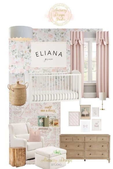 eliana's nursery (7) Floral Baby Girl Nursery Wallpaper, Pink Flower Nursery Ideas, Nursery Vision Board, Pink Ombre Nursery, Pink Nursery Colors, Pink Nurseries, Girly Nursery Ideas, Pottery Barn Nursery