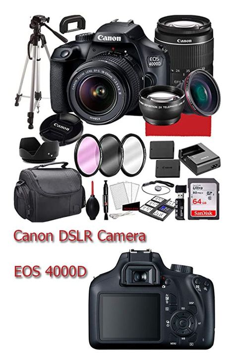 Canon EOS 4000D DSLR Camera with 18-55mm Zoom Lens, 64GB Memory, Case, Tripod (28pc Bundle) #dslr #photography #canon #dslrphotography #nikon #nature #d #photographer #photooftheday #photo #instagram #camera #photoshoot #love #instagood #india #picoftheday #naturephotography #canonphotography #like #lightroom #nikonphotography #follow #model #photographers #portrait #nikond #photographylovers #travel #bhfyp Canon Eos 4000d, Camera Photoshoot, Memory Case, Instagram Camera, Canon Dslr Camera, Canon Dslr, Dslr Photography, Nikon Photography, Canon Photography