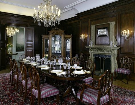 Dining Room , Elegant Victorian Style Dining Room : Victorian Style Dining Room With Wooden Walls And White Ceiling And Fireplace And Striped Chair Cushions ... Gothic Victorian Interior Design, Victorian Dining Room Decor, Victorian Mansion Interior, Victorian Dining Room Table, Victorian Gothic Interior, Gothic Interior Design, Fancy Furniture, Victorian Room, Victorian Interior Design