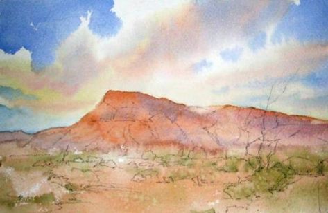 Desert Watercolor, Desert Landscape Art, Desert Landscape Painting, Taos Art, Watercolor Clouds, Landscape Painting Tutorial, Watercolor Workshop, Watercolor Sky, Southwestern Art