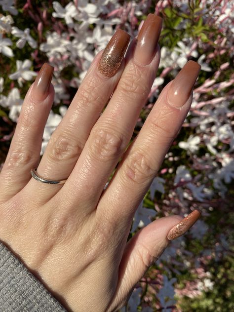 Brown With Glitter Nails, Brown Glitter Ombre Nails, Brown Ombre Acrylic Nails, Brown Ombre Nails Acrylic, Ombre Brown Nails, Brown Sparkle Nails, Brown Ombre Nails, Fall Almond Nails, Brown Nail Art