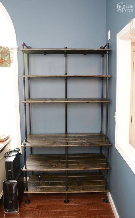 Of Pipe and Pine Diy Shelves Design, Industrial Shelf Diy, Diy Shelves Ideas, The Navage Patch, Industrial Bookcase, Navage Patch, Diy Industrial Furniture, Interior Industrial, Rustic Bookcase