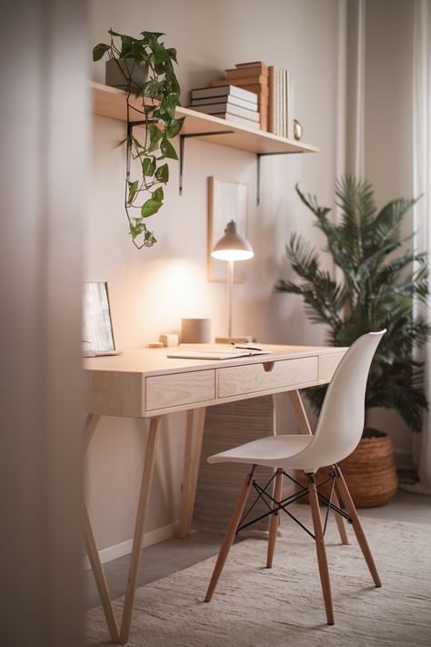 Airy Scandinavian Workspace and 34 More Home Office Ideas Apartment Home Office Ideas, Artsy Room, Scandinavian Workspace, Setting Up A Home Office, Light Wood Desk, Cozy Scandinavian, Cozy Minimalist, Floating Desk, Warm Lighting