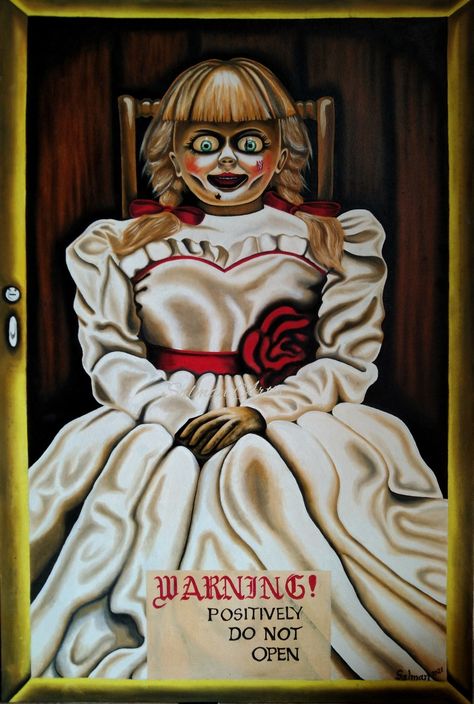 The Conjuring Painting, Annabelle Doll Drawing, Annabelle Painting, Annabelle Drawing, Annabelle Tattoo, Horror Movie Paintings Canvas, Horror Movie Paintings, Annabelle Horror Movie, Annabelle Horror