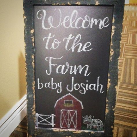 Farm themed baby shower. Welcome to the farm chalkboard Barnyard Baby Shower Ideas, Farm Baby Shower Theme, Tractor Baby Shower, Cow Baby Shower Theme, Cow Baby Showers, Country Baby Shower, Farm Baby Shower, Animal Baby Shower Theme, Baby Shower Gift Ideas