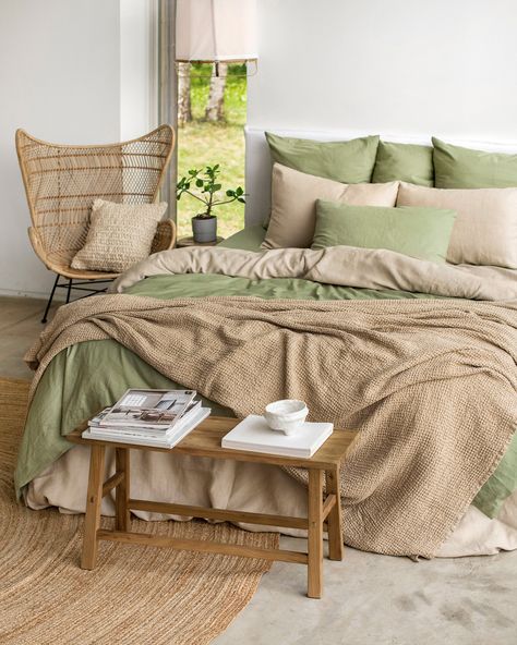 Enjoy your sleep sanctuary with our Linen-Cotton Blend Duvet Cover Set in serene sage. This set includes a duvet cover and two regular-style pillowcases, crafted from wide fabric without additional seams for enhanced softness and reduced wrinkles compared to plain linen. Choose standard, queen, or king pillowcases to complete your luxurious bedding ensemble. Bed Cover Green And Brown, Green Cozy Bedding, Ensemble Bed Styling, Sage Bedsheets, Sage Bedding Aesthetic, Sage Green Bedding Ideas, Green Bed Spread, Green Bedding Aesthetic, Green Bedding Ideas