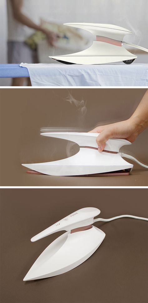 The resting upright design of current clothing irons leaves pets and kids susceptible to dangerous burns. The PUSHE iron, however, introduces an innovative and intuitive new way to leave your iron at rest. Its default mode elevates the plated hot section of the iron off the surface. To activate it, the user must simply push down on the handle. Iron Product Design, Intuitive Product Design, Handle Design Product, Future Design Product, Futuristic Design Product, Innovative Product Design Ideas, Innovation Design Products, Simple Product Design, Innovative Design Product