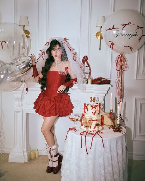 Her Birthday Coquette Birthday Party, Ramida Jiranorraphat, Coquette Birthday, Jane Ramida, Christmas Shoot, Navidad Diy, Christmas Photoshoot, Photoshoot Concept, Red Outfit