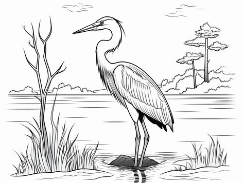 illustration of Great-blue-heron artistry for coloring Heron Sketch, Owl Coloring, Hat Burning, Heron Art, Green Heron, Owl Coloring Pages, Egypt Tattoo, Coloring Page For Adults, Grey Heron