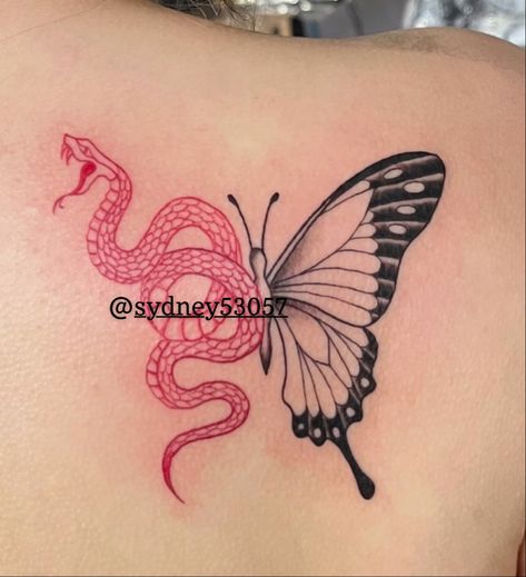 Pink Tattoo Ink, Black Snake Tattoo, Red And Black Snake, Black Butterfly Tattoo, Blue Butterfly Tattoo, Butterfly Hand Tattoo, Butterfly Tattoo Meaning, Pink Tattoo, Butterfly Tattoos For Women