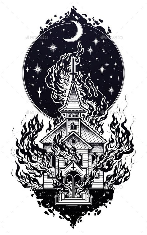 Burning Church avec Moon Flash Tattoo Dot Work Art - Objets de bâtiments Moon Flash Tattoo, Tattoo Dot Work, Church Tattoo, Dotwork Art, Burning Church, Satanic Tattoos, Art Buildings, Occult Tattoo, Tattoo Dotwork