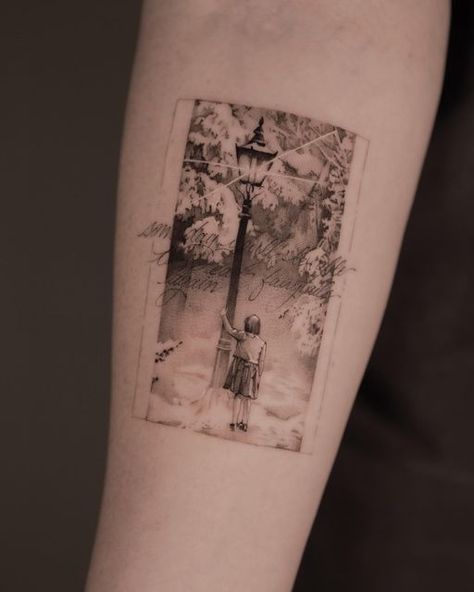 Taylor phelps on Instagram: "Lucy discovering Narnia🥹" Aslan Tattoo Narnia, Chronicles Of Narnia Tattoo, Narnia Tattoo, Gaming Tattoo, Leg Sleeve Tattoo, Fox Tattoo, Small Tattoos For Guys, Sleeves Ideas, Aesthetic Tattoo