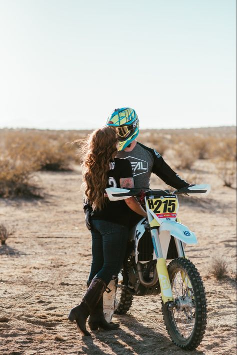 Moto Engagement Shoot #TakeMyArmstrong #Wedding2021 Burgundy Clark Photography Dirt Bike Photoshoot Couple, Dirtbike Engagement Photos, Dirt Bike Family Pictures, Dirtbike Photo Shoot, Dirt Bike Engagement Pictures, Dirt Bike Couple Pictures, Dirt Bike Photoshoot, Dirt Bike Couple, Dirt Desert