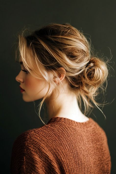 From long locks to short hair with bangs, messy buns are a versatile and easy hairstyle to achieve. Long hair can add volume with high or low buns, while medium hair looks great in a playful twist. Short hair with bangs can frame the face, giving a trendy, cute look. This effortless style works for both casual outings and formal events, making it perfect for any occasion. Try these ideas to refresh your messy bun game in minutes. Lob Messy Bun, Low Casual Bun, Medium Length Hair Messy Bun, Messy Updos For Medium Length Hair, Neat Bun Hairstyles, Easy Low Buns For Medium Hair, Low Bun Short Hair, Low Bun Messy, Messy Low Bun Hairstyles