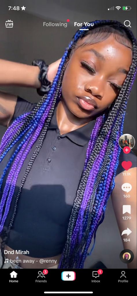 Peak A Boo Hair Color Black Women Braids, Blue And Purple Knotless Braids, Blue Peakaboobraids, Teal Peekaboo Braids, Blue And Purple Box Braids, Purple Braids Hairstyles, Purple And Blue Braids, Blue And Purple Braids, Brown And Blue Braids