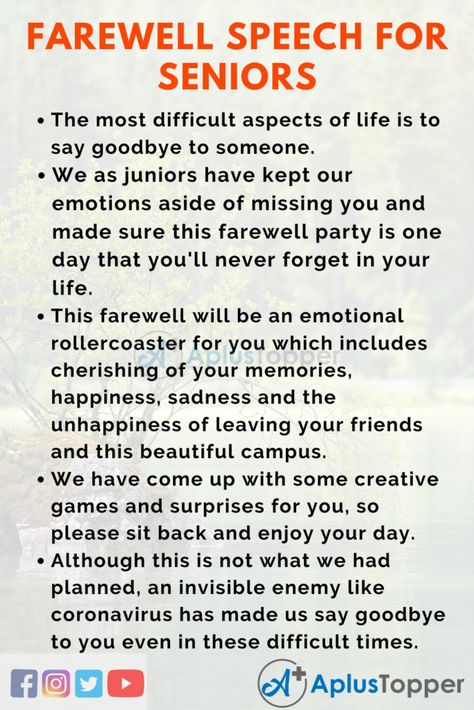 Farewell Speech for Seniors | Best Farewell Speech for Students and Children in English - A Plus Topper Fare Well Party Ideas, College Farewell Quotes For Seniors, Farewell Games Ideas For Seniors, Farewell Wishes For Seniors, Farewell Card Ideas Handmade For Seniors, Farewell Speech For Seniors, School Farewell Theme Ideas, Farewell Cards For Seniors Handmade, Farewell Games Ideas