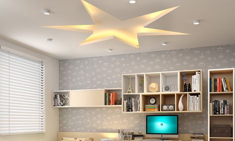 Children's bedroom false ceiling design for kids room in a star shape with lighting add more character to the room. Fall Ceiling Ideas, Small Attic Ideas Low Ceilings, Bedroom Ceiling Wallpaper, Kids Bedroom Ceiling, Cathedral Ceiling Living Room, Bedroom False Ceiling, Vaulted Ceiling Lighting, Vaulted Ceiling Kitchen, False Ceiling Designs