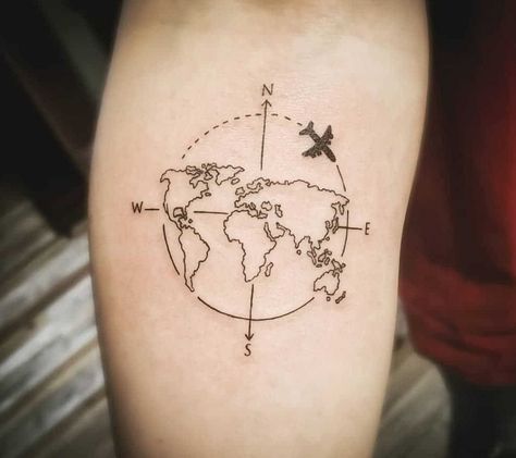 Map tattoos are perfect for guys who love an adventure! Do you like to travel? Travelers love to get inked from time to time… #legtattoos #tattoosformen Small World Tattoo, World Globe Tattoos, World Travel Tattoos, World Map Tattoo, Compass And Map Tattoo, Tattoos Cross, World Map Tattoos, Globe Tattoos, Map Tattoo