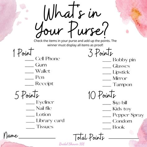 whats in your purse Purse Template, Game Questions, What's In My Purse, Purse Wedding, Purse Game, Bridal Games, Whats In Your Purse, Games Ideas, Bags Game